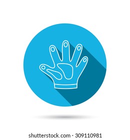 Construction gloves icon. Textile hand protection sign. Housework cleaning equipment symbol. Blue flat circle button with shadow. Vector
