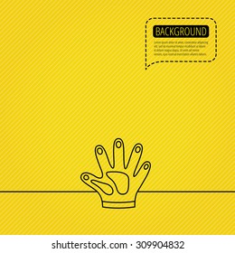 Construction gloves icon. Textile hand protection sign. Housework cleaning equipment symbol. Speech bubble of dotted line. Orange background. Vector