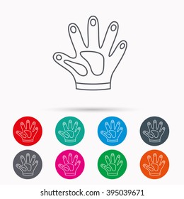 Construction gloves icon. Textile hand protection sign. Housework cleaning equipment symbol. Linear icons in circles on white background.