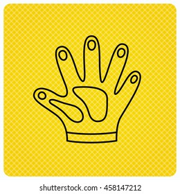 Construction gloves icon. Textile hand protection sign. Housework cleaning equipment symbol. Linear icon on orange background. Vector