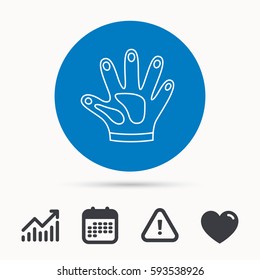 Construction gloves icon. Textile hand protection sign. Housework cleaning equipment symbol. Calendar, attention sign and growth chart. Button with web icon. Vector