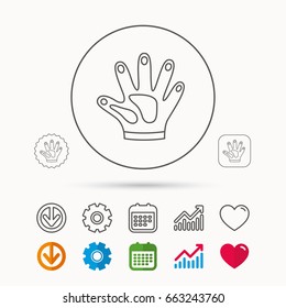 Construction gloves icon. Textile hand protection sign. Housework cleaning equipment symbol. Calendar, Graph chart and Cogwheel signs. Download and Heart love linear web icons. Vector