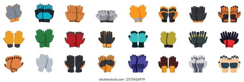  Construction gloves icons set. Collection of various gloves offering hand protection for different activities, showcasing diverse styles and colors