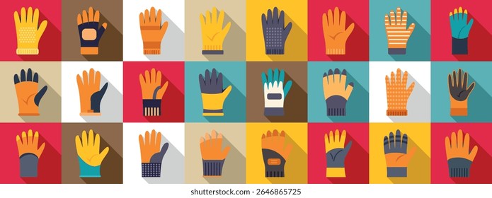  Conjunto de ícones de luvas de construção. Ícones de luvas coloridas mostrando diferentes estilos, materiais e funcionalidades para várias atividades e profissões