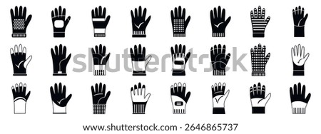 Construction gloves icons set. Set of various gloves offering protection and grip for diverse activities, from work to sports
