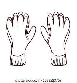 Construction gloves in line art style. Hand drawn pair of gloves isolated on a white background.