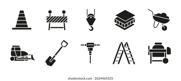 Conjunto de ícones de glifos de construção. Ferramentas de construção e equipamentos ilustração de vetor preto. Símbolos de segurança, maquinaria e reparação do local. Elementos industriais para projetos de arquitetura e de concepção de estradas.