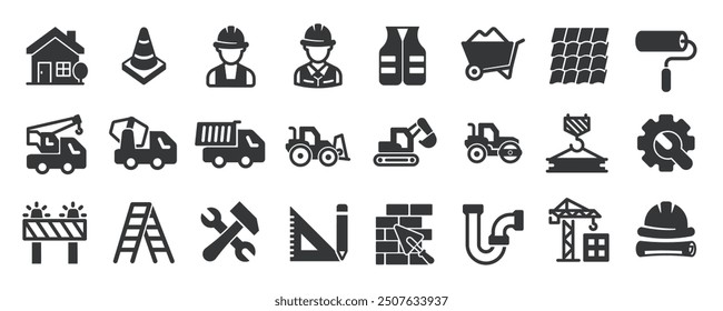 Colección de iconos sólidos de glifo de construcción. Contiene edificios, seguridad, ingeniería, renovación. Icono mínimo y Ilustración vectorial de la serie de símbolos