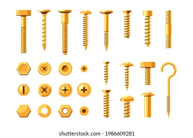 Construction gold screw hardware and metal hex cap nuts set. metallic fixation gear, hook, fastener, rivet and bolts industrial tool vector illustration isolated on white background