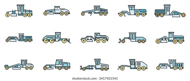 Construction grader machine icons set. Outline set of construction grader machine vector icons thin line color flat on white
