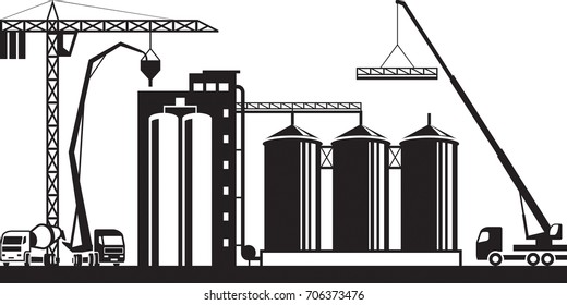 Construction Of Grain Silo - Vector Illustration