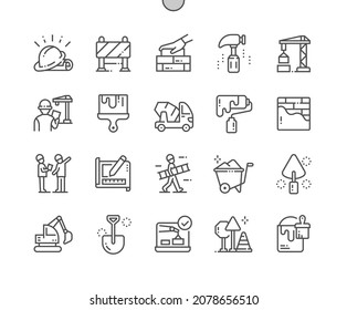 Construction. Hammer, crane, excavator and brick wall. Paint bucket. Building, working and infrastructure. Pixel Perfect Vector Thin Line Icons. Simple Minimal Pictogram