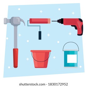 construction hammer drill paint roll and bucket design of remodeling working and repairing theme Vector illustration