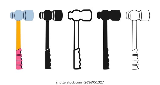 Construction hammer icon symbol set. Modern tool, repair tools builder mechanic, plumber, carpentry. Tool hammer sign professional stylized simple cartoon vector illustration