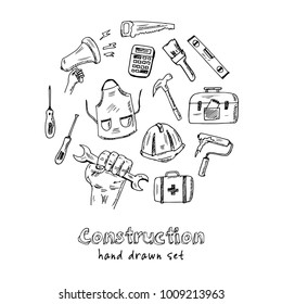 Construction Hand drawn doodle set. Vector illustration. Isolated elements on white background. Symbol collection.