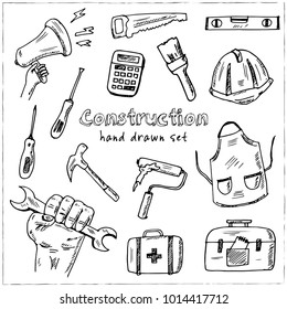 Construction Hand drawn doodle set. Vector illustration. Isolated elements on white background. Symbol collection.