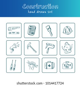 Construction Hand drawn doodle set. Vector illustration. Isolated elements on white background. Symbol collection.
