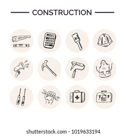 Construction Hand drawn doodle set. Vector illustration. Isolated elements on white background. Symbol collection.