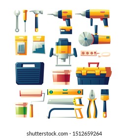 Construction hand, power tools set. Electrical instruments, carpenter or builder equipment for building works and house repair cartoon vector illustrations collection isolated on white background