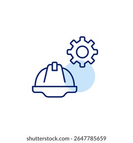 Construction hard hat and cogwheel. Technical operations, system supervision, safety configuration, engineering control, maintenance management. Pixel perfect, editable stroke vector icon
