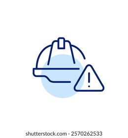 Construction hard hat and exclamation mark in triangle. Workplace hazards, emergency notice. Danger alert. Pixel perfect, editable stroke icon