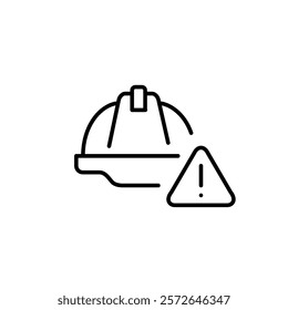 Construction hard hat and exclamation mark in triangle. Workplace hazards, emergency notice. Danger alert. Pixel perfect vector icon