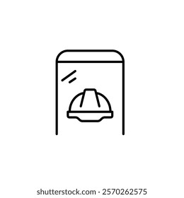 Construction hard hat on smartphone. Mobile innovation, app testing and development hub. Project management. Pixel perfect vector icon