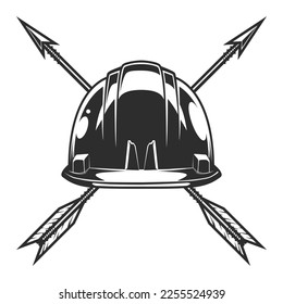Construction hard hat and vintage hunting arrow in monochrome style isolated vector illustration. Design element for label or sign and emblem