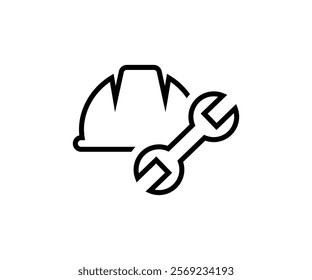 Construction hard hat and wrench icon. Worksite maintenance symbol vector design and illustration. 
