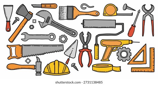 Construcción y hardware herramientas dibujadas a mano Vector conjunto Vector. Equipo de Industrial y herramientas de reparador ilustración