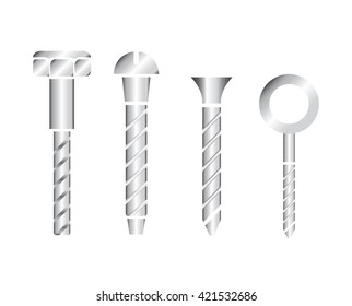 Construction hardware icons. Screws, bolts, nuts and rivets. Equipment stainless vector