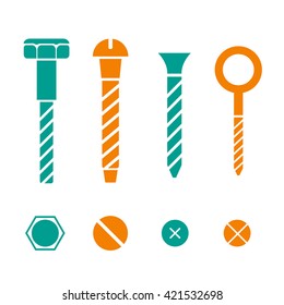 Construction hardware icons. Screws, bolts, nuts and rivets vector