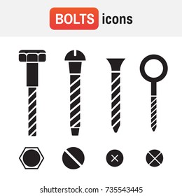Construction hardware icons. Screws, bolts, nuts and rivets