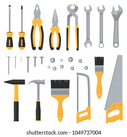 Construction hardware industrial tools vector flat icons. Illustration of saw and hammer, instrument for work and repair