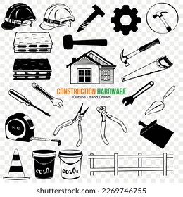 construction hardware and repair instruments, construction Tool outline illustration collection