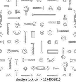 Construction hardware, screws, bolts, nuts and rivets pattern background. Equipment stainless, fasteners, metal fixation gear seamless pattern