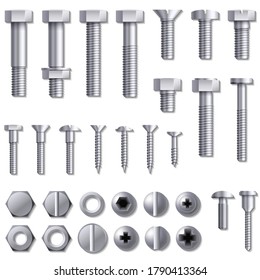 Construction hardware. Screws, bolts, nuts and rivets. Equipment stainless, metalli fix gear, set illustration
