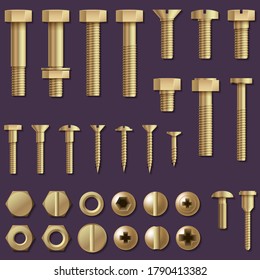 Bauhardware. Schrauben, Bolzen, Nüsse und Nieten. Ausrüstung, nicht rostend, metallurgische Befestigungsgeräte, Set-Illustration
