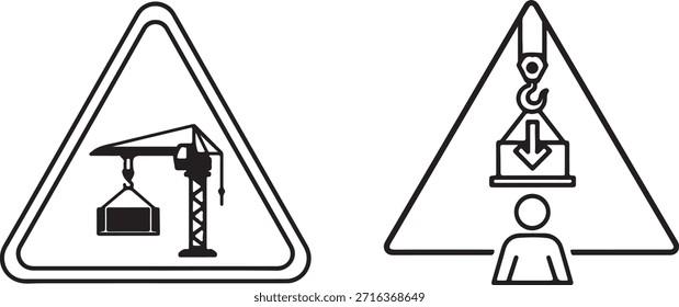 Construction Hazard Warning Icons – Overhead Crane Load and Suspended Object Danger – Industrial Safety Triangle Signs for Worksite Alerts