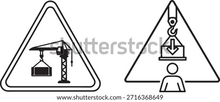 Construction Hazard Warning Icons – Overhead Crane Load and Suspended Object Danger – Industrial Safety Triangle Signs for Worksite Alerts