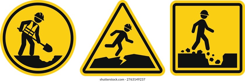 Construction Hazard Warning Signs Set. Construction hazard warning signs set with worker digging slipping falling and safety caution symbols