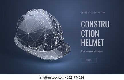 Construction head helmet low poly landing page template. Labor protection and safety web banner. Workwear polygonal illustration. Builder, contractor hardhat equipment art homepage design layout