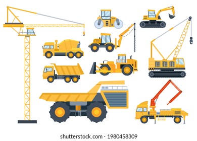 Construction heavy equipment. Crane and building machinery, road roller, excavator, tractor, cement mixer truck and drill machine vector set. Illustration engineering and hydraulic heavy equipment