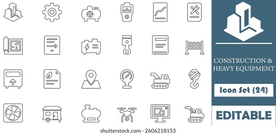 Construction and Heavy Equipment icon set with 24 vector icons, perfect for web and print design. Each icon is detailed, scalable, and easily customizable for various design projects.