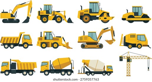 Construction heavy equipment vector illustration with excavators loaders dump trucks cranes rollers and machinery vehicles for building engineering projects