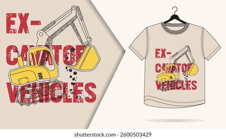 Construction heavy equipment yellow Excavator vehicles illustration artwork for t-shirt print, automotive branding, posters, ads, and digital projects.