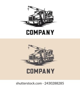 Construction heavy machine, truck mounted crane monochrome silhouette  logo design template.