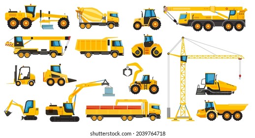 Construction heavy machinery, building equipment and vehicles. Forklift, crane, tractor, bulldozer, excavator vector set. Special large powerful machines for road repair. Engineering concept