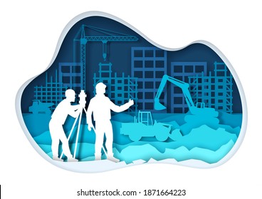 Construction heavy machinery and equipment, builders silhouettes. Vector illustration in paper art craft style. Construction site. Home building industry.