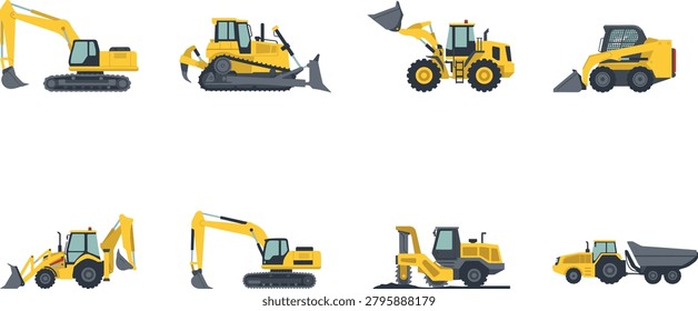 Construction heavy machinery equipment flat vector illustrations set including excavator bulldozer wheel loader and dump truck.

